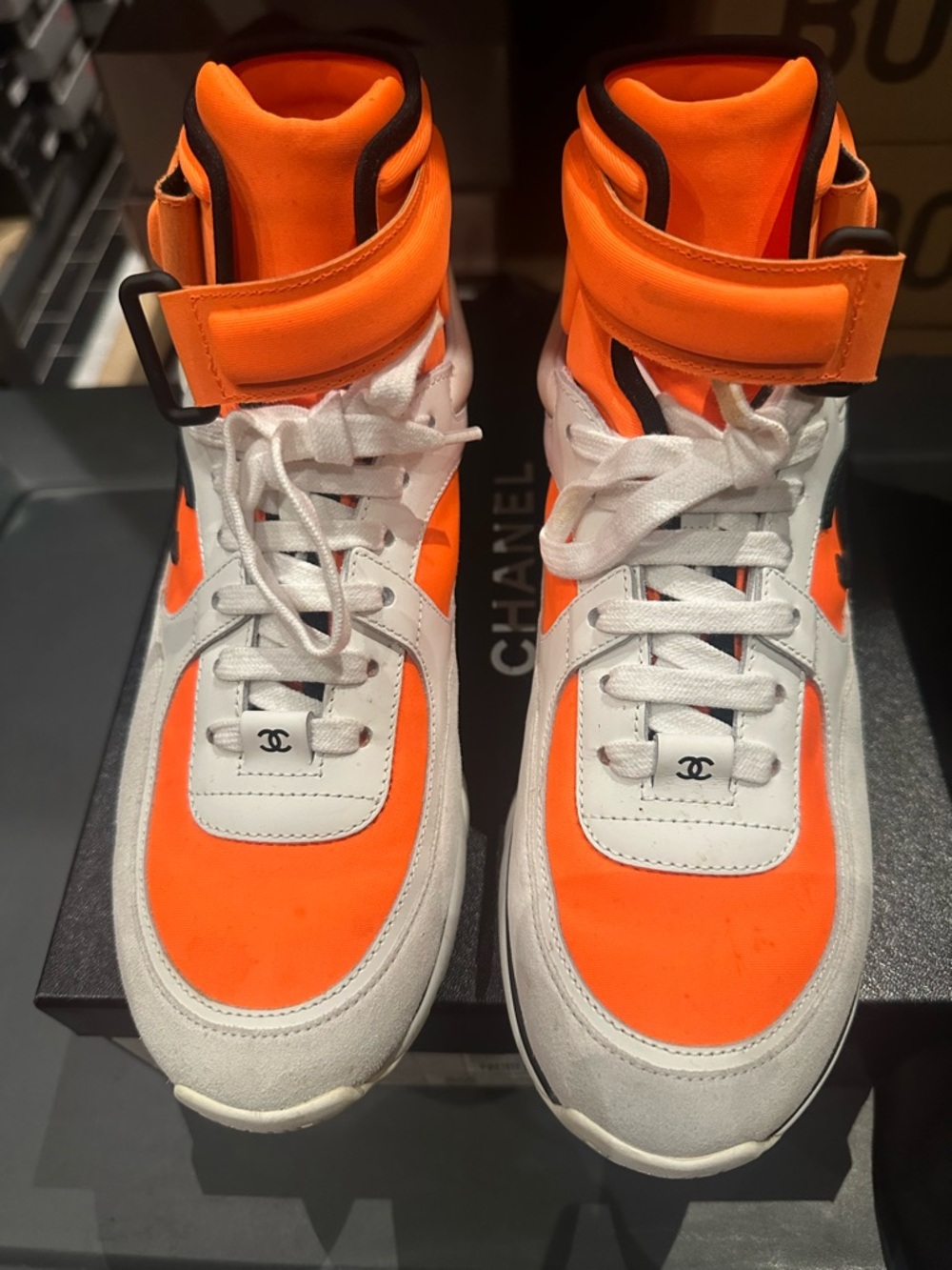 CHANEL Neon Orange and White CC Logo High-Top Sneakers - Picture 3 of 10